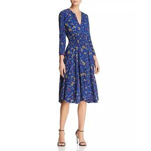 Maje Blue Raylee Floral Smocked Waist V-Neck Midi Dress Viscose Size Small